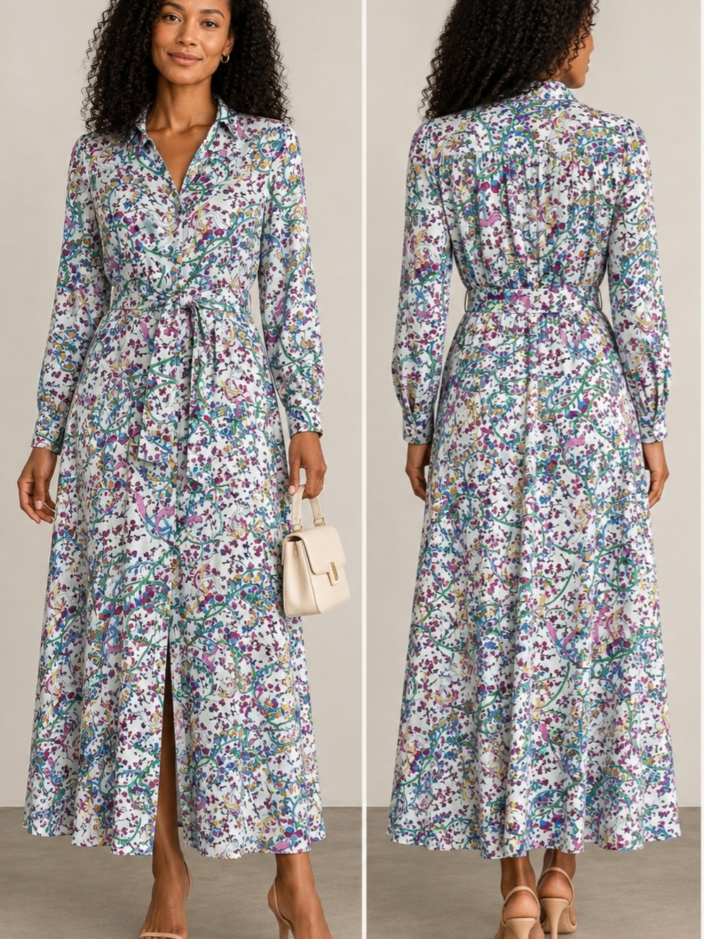 RIANI, German Designer, 100% Viscose, Floral Paisley, Long Sleeve Belted Shirt